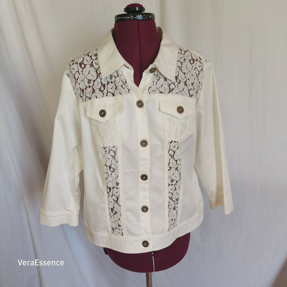 Joan Rivers Button Or Open Front Lace Jacket Blazer White Cotton Blend Medium